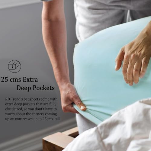 Image of RD TREND Microfiber Satin Weave Fitted Bedsheets for Queen Size Bed 78x60x10 Inch with 2 Pillow Covers-18x28 Inch | 400 TC All Around Elastic | Teal Grey