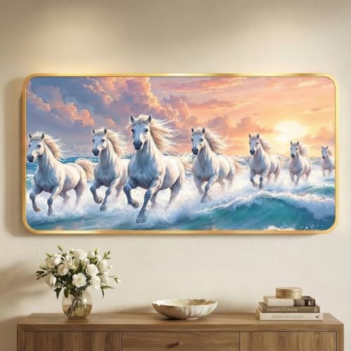 Image of Black Yard 7 Horses Realistic Painting With Frame For Wall Vastu | Seven Running Horse Painting For Wall Decor Living Room Decoration | Big Size Photo Frame (24 x 12 inch, 60 cm x 40 cm (White)