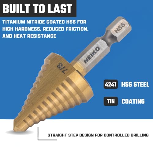 Image of NEIKO 10620A Step Drill Bit, 1 Step 7 /8 inch Straight High Speed Steel, Titanium Nitride Coated, 1 /4 inch Quick Change Step Bits for Steel, Metal, Wood, Plastic, Unibit Cone Drill Bits, Two Flute
