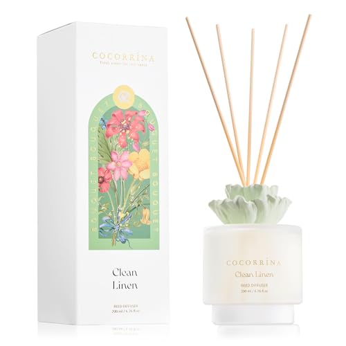 COCORRÍNA Reed Diffuser Set with 8 Fragrance Sticks 200ml, Clean Linen, Long-lasting, Home Fragrance for Bathroom, Living Room, Bedroom, Shelf Decoration (Gypsum Flower)