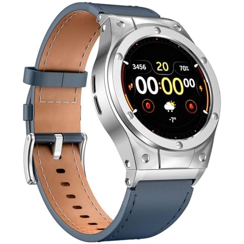 MioHHR Leather Watch Bands with Stainless Steel Case Compatible with Google Pixel Watch 3 45mm,Genuine Leather Replacement Bands for Google Pixel Watch Women Men,Blue Cover