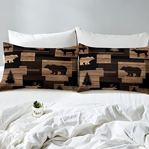 Erosebridal Rustic Farmhouse Duvet Cover Queen,Moose Lodge Bedding Set With Patchwork Of Grizzly Bears And Buffalo Plaid Check,Vintage Wooden Hunting Animal Comforter Cover With 2 Pillowcases #TOP3