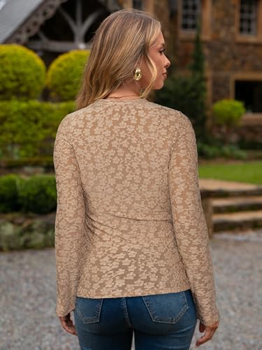 Glamaker Womens Mesh Long Sleeve Tops Lace See Through Sexy Crew Neck Eyelet Shirts Party Floral Club Dressy Blouse(Light Brown,X-Large) — view 4