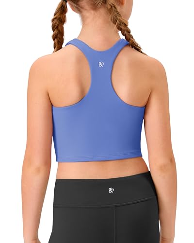 Lollgirl Girls Racerback Crop Tank Tops Double Lined Athletic Workout Shirts for Kids Teens Dance Gymnastics Activewear(Lake Blue 9-10 Years)