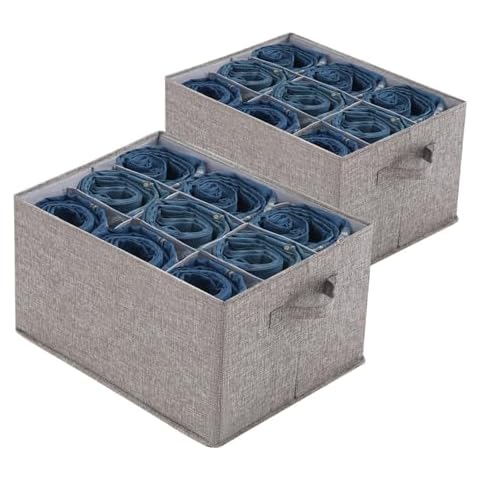 popoly 2 Pcs Clothes Organizer, Closet Jeans Organizer for Pants, Clothes, T-shirt, Towel, 9 Cell Stackable Drawer Organizers Storage Bin Container with Sturdy Handles, Grey Cover