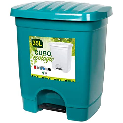 Acan Tradineur - Cubo de basura con pedal y 1 compartimento, plástico, contenedor de residuos, papelera, cocina, fabricado en España (Verde oscuro, 35 litros, 45 x 39 x 31 cm)