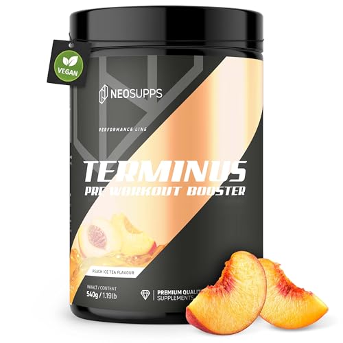 NEOSUPPS Pre Workout Booster Terminus XXL Peach Ice Tea 540g, Fitness & Gym, Pre Workout Booster vegan, Pump & Fokus, geprüfte Qualität, 8.000 mg L-Citrullin, 20 Portionen