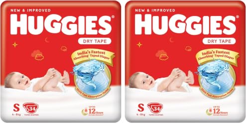 Image of Huggies Dry Tape | Adjustable Tape Style Baby Diapers, Small (S) Size (4-8 Kgs), Pack of 68 | Up To 2X Faster Absorption, Up To 12 Hours Overnight Absorption