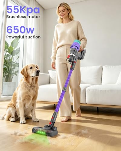 Image of Cordless Stick Vacuum Cleaner, 650W 55KPA Up to 70Min Runtime, Green Light Anti-Tangle Brush, 7-Stage HEPA Filtration, Lightweight for Pet Hair Carpet Hard Floors (Purple)