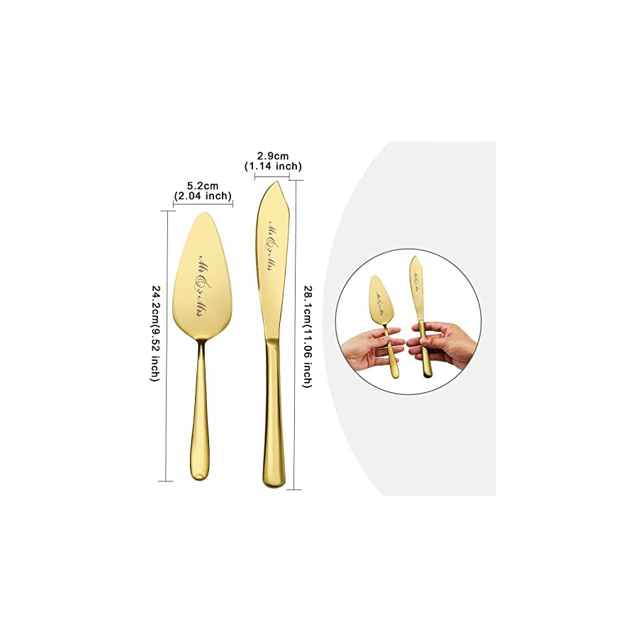 AW BRIDAL Gold Cake Cutting Set for Wedding, Mr Mrs Wedding Cake Knife Cake Pie Pastry Servers Gifts for Couples Wedding, Birthday, Parties and Events