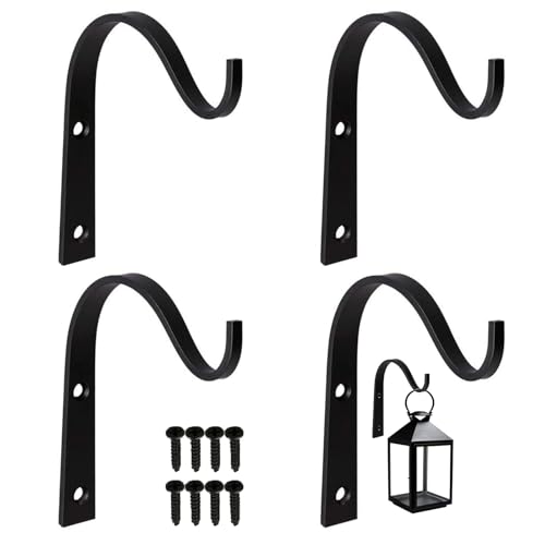 4 Wrought Iron Wall Hanging Hooks - Outdoor Plant Brackets for Hanging Baskets, Bird Feeders & Wind Chimes