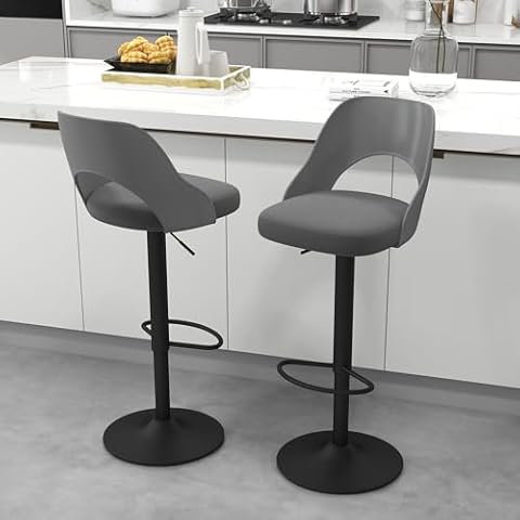 civama Bar Stools Set of 2 for Kitchen Counter, Seat Height Adjustable 25''-33'', Modern Upholstered Swivel Island Chairs with Hollow Backrest Metal Base, Grey Cover