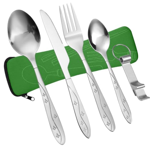 Vicloon Cubiertos para Llevar, 6PCS Cubiertos Camping de Acero Inoxidable, Juego de Trabajo Cubiertos para Exteriores Viajes Camping,Juego de Cubiertos de Acero inoxidable verde-estrella