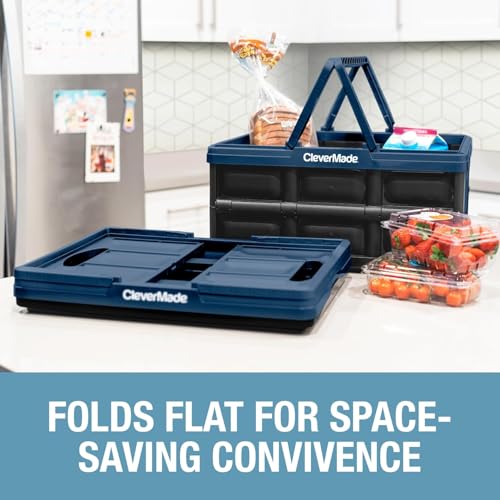 Image of CleverMade Collapsible Shopping Basket 32L - Folding Grocery Basket with Handles, Stackable Reusable Storage Crate with 35 lb Capacity, Recycled Plastic, Car Trunk Organizer - Ocean Blue