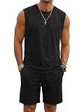 JMIERR Herren 2 Pcs Wasserwäsche Tanktop Outfits Baumwolle ärmellos T-Shirt und Short Vintage Sommer Set,Schwarz XL