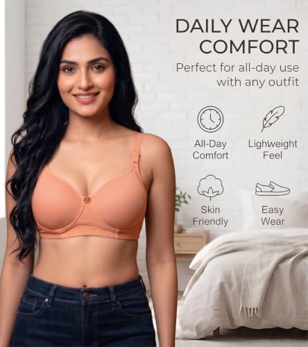 Image of Women's Pure Cotton Blend Lightly Padded Bra (Pack of 3) | Full Coverage Wirefree T-Shirt Bra | Soft Breathable Everyday Bra | Adjustable Straps | Comfortable Multicolor Bra