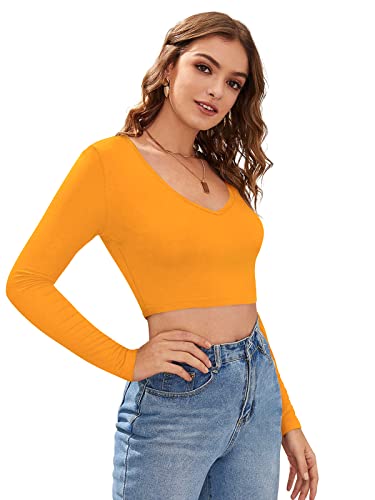 Image of LONDON BELLY Women's Polyester Crop Top with V Neck Full Sleeves Solid Pattern Regular Fit and Crop Length | Crop Tops for Woman | Women Chic Everyday Wear Top