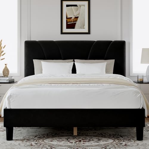 Novilla Queen Bed Frame, Queen Size Bed Frame with Wooden Slats Support, Velvet Upholstered Headboard, No Box Spring Needed, Heavy Duty Feet, Easy Assembly, Black Velvet