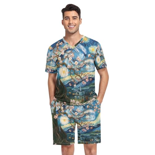 Mens Pajama Short Sleeve Pajama Sets Lounge V Neck 2 Pcs Sleepwear with Pockets, S-XXL