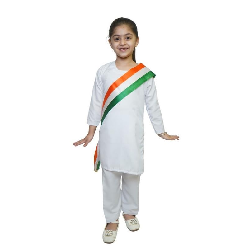 Image of Kaku Fancy Dresses Indian Wear Salwar Kameez Costume for Independence Day /Republic Day | Tri Color Dupatta Stole Pompom Set for Girls