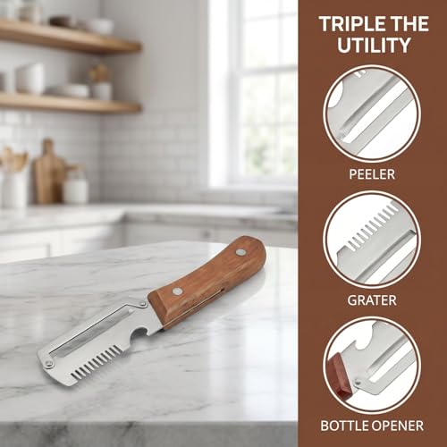 2PCS Multifunctional Vegetable Peeler, 3 in 1 Multi Functional Wooden Handle Peeler, Grater and Bottle Opener, Kitchen Gadgets for Potato, Carrot, Pumpkin, Apple by Generic - Used condition - Image 3