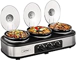 Sunvivi Slow Cooker, Triple Slow Cooker Buffet Server and Food Warmer, 3-Section 1.65L Upgraded Oval Ceramic Pot with Stainless Steel Lid Rests, 3 Spoons, Total 5L