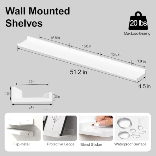 Image of White Floating Shelves for Wall Decor, 52 in Shelf with Lip Set of 2