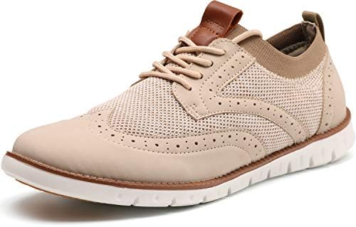 Joomra Men's Knit/Leather Wingtip Oxford Dress Shoes Lightweight Breathable Casual Sneakers for Male Restaurant Size 10 Classic Perforated Fashion Walking Mesh Business Office Comfortable Beige 44