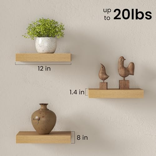 Image of Fun Memories 12 Inch Floating Shelves for Wall Set of 3, Wood Grain Bathroom Shelves with Invisible Brackets, Easy Install Wood Storage Shelves for Kitchen, Living Room, Bedroom, Oak