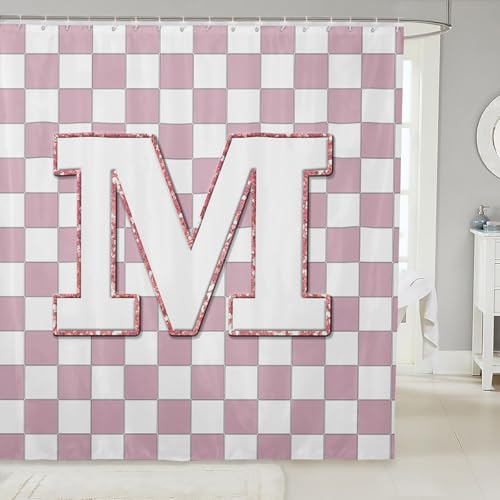 Image of Erosebridal Pink Initial M Bathroom Curtain Kawaii Plaid Checkered Shower Curtain 72 inch Wx78 L Cute Personalized Monogram Bathroom Accessories for Kids Girls,Fashion Grids Gingham Shower Decor