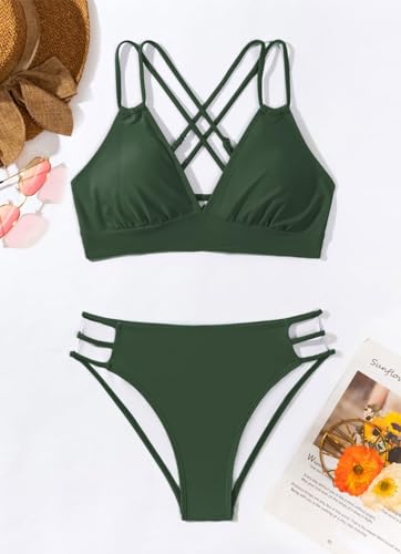 Image of Fanuerg Women's Sexy V Neck Bikini Sets Hollow Out Two Piece Swimsuits Cutout Mid Waist Bathing Suit