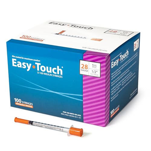 Image of Easy Touch Individually Wrapped 28 Gauge U-100 Insulin Syringes (28G 1cc 1 /2 inch) with 1 /2 inch Long Needle, 1cc (100 Unit Capacity), Bold Markings for Accurate Dosing, Disposable, Box of 100