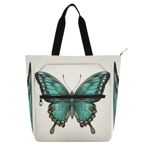 Green Butterfly Book Tote Bag,Large Capacity Handbag with Zipper Perfect for School,Travel,Shopping