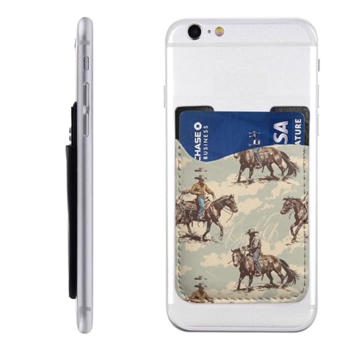 Raunew Phone Wallet Stick On, Cell Phone Card Holder Pocket for Back Vintage Cowboys Rodeo Men Horse Western Adhesive Credit Card Holder Non-Slip of Phone Case for All Smartphones, Fit 4 Cards