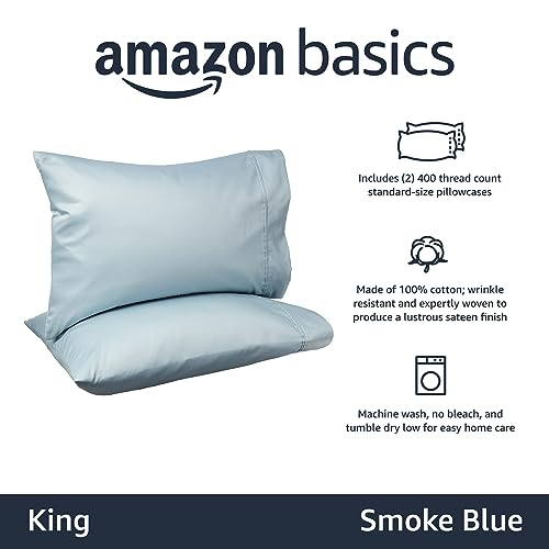 Image of Amazon Basics 400 Thread Count 100% Cotton Pillow Cases, Sateen Weave, King Size, 40 inch x 20 inch, Smoke Blue, Set of 2