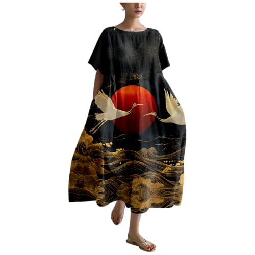 Women's Japanese Art Dress Midi Cotton Linen Summer Beach Dress for Women  High Waist Smocked Babydoll Dress Crewneck Party Oversized Graceful Casual  Loose Fit Wide Hem Long Country Dress : Clothing, Shoes & Jewelry