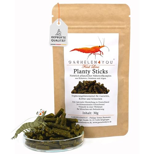 GARNELEN4YOU® Planty Sticks – pflanzliches Hauptfutter für Garnelen, Krebse & Schnecken – Premium Garnelenfutter mit Kräutern, Gemüse & Algen – nachhaltige Verpackung – Made in Germany – 30 g