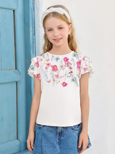 Image of Haloumoning Girls Pleated Ruffle Short Sleeve Shirts Kids Summer Crewneck T-Shirts Fashion Tops Tees 5-14 Years