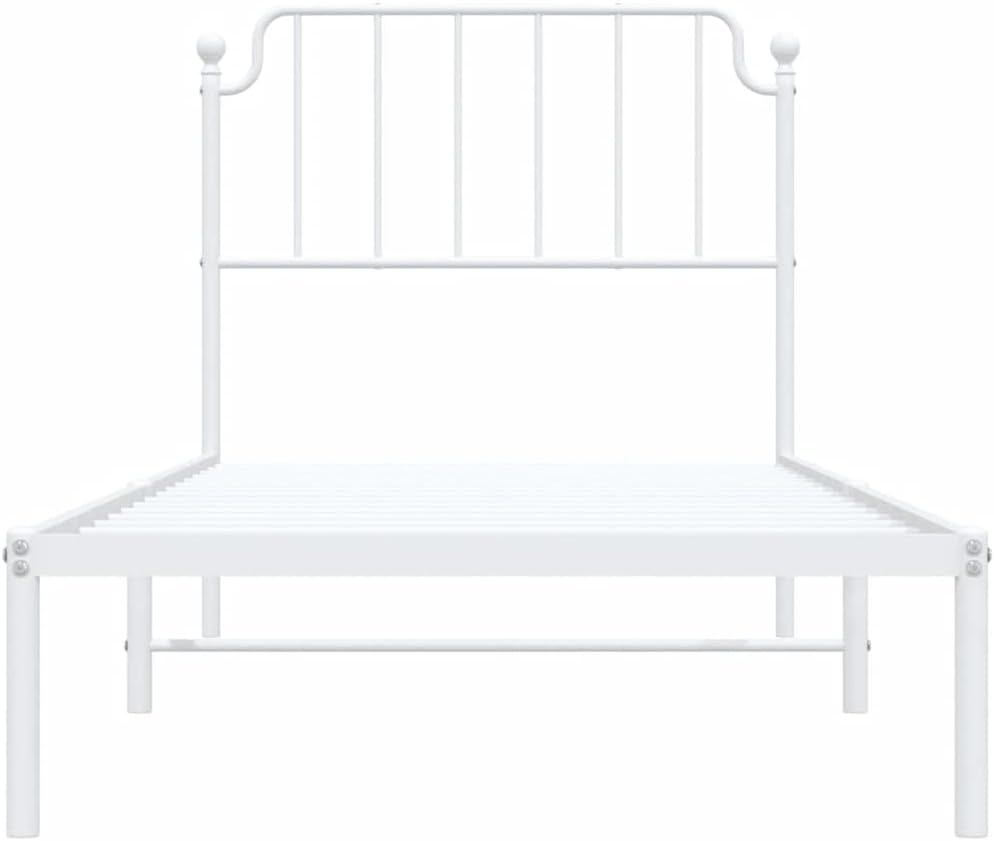 Twin Bed Frame White Powder-Coated Steel Metal Bed Frame with Headboard Platform Foundation Sturdy Durable Storage Modern Minimalist Bedroom Furniture