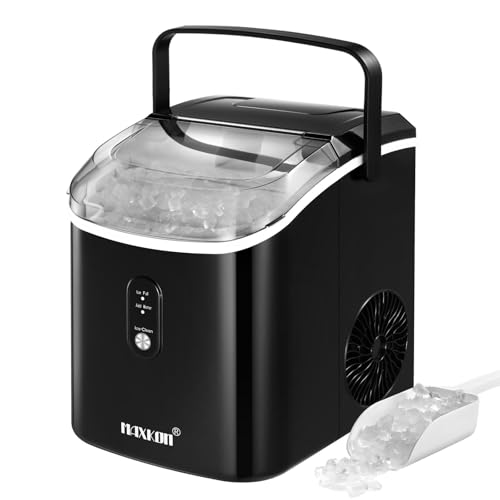 Maxkon Nugget Ice Maker Portable Compact Countertop Pebble Machine Pellet Crusher 15kg for Home Kitchen Office with Handle Black