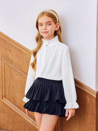 Haloumoning Girls Ruffle Long Sleeve Blouse Kids Button Down Uniform Dress Shirts 5-14 Years3