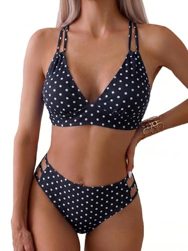 Image of Fanuerg Women's Sexy V Neck Bikini Sets Hollow Out Two Piece Swimsuits Cutout Mid Waist Bathing Suit