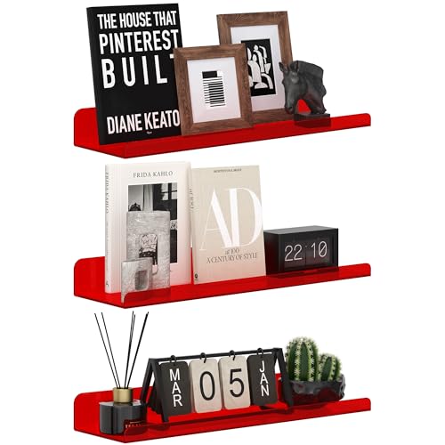 Image of Qukaka Floating Shelves for Wall Decor, 15 inch Wall Shelves for Bedroom, Living Room, Kitchen, Bathroom Decor, Nail Polish /Book /Decoration /Makeup /Perfume Organizer Floating Shelf-3Pack Clear Red