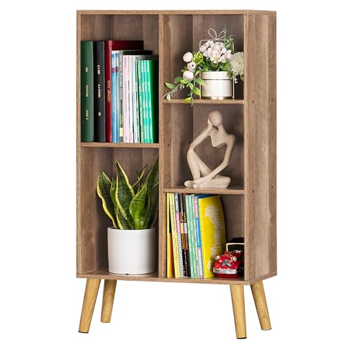 5 Cube Small Bookshelf,3 Tier Mid-Century Modern Bookcase with Legs,Wood Kids Bookshelves Storage Organizer Shelf,Free Standing Narrow Book Shelves,Oak Grey Corner Bookcases for Bedroom,Living Room