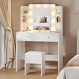 Haewon White Vanity Desk with Mirror and Lights, Makeup Vanity with 10 LED Bulbs and 3 Color Modes, Dressing Table Set with Power Outlets, Storage Drawers and Chair for Bedroom