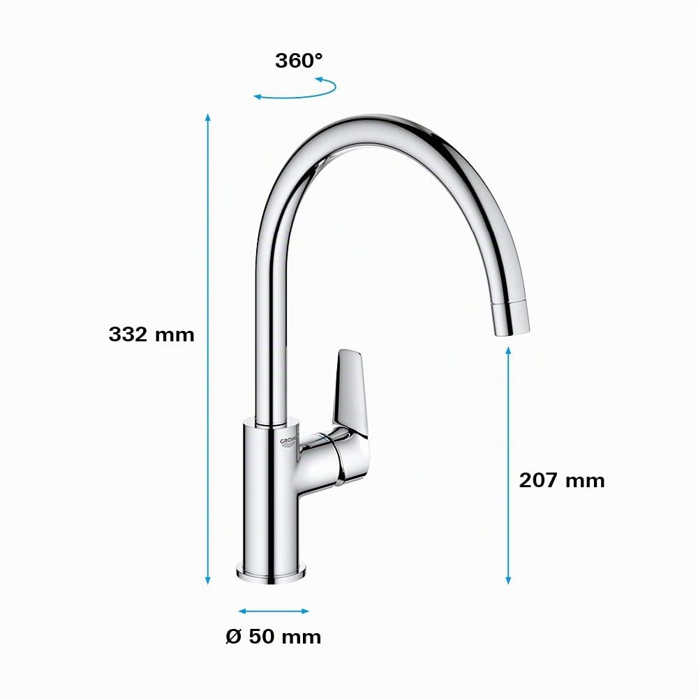 GROHE BauEdge – Single Lever Kitchen Mixer Tap (Monobloc Installation, High Spout, Swivel Area 360˚, 28 mm Ceramic Cartridge, Tails 3/8 inch), Easy Installation, Size 332 mm, Chrome, 31367001