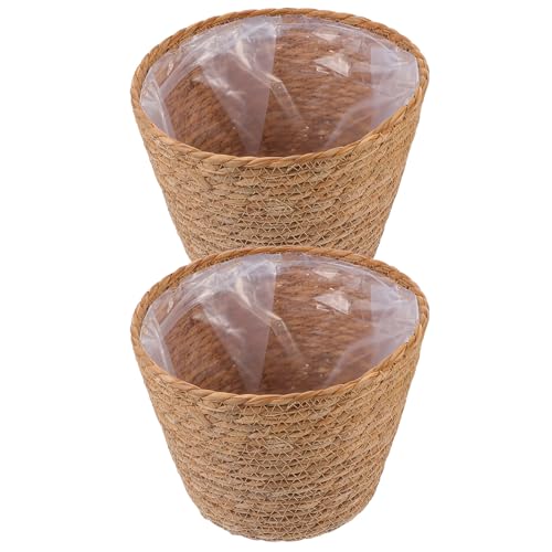 BESPORTBLE Lot de 2 Paniers à Plantes Tressés en Paille, Pots de Fleurs Rustiques Ø23 Cm pour Décoration Intérieure, Base Stable, Panier Simple et Solide...