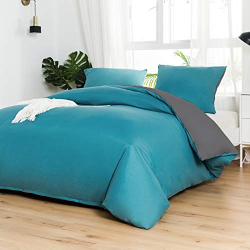 MOHAP Housse de Couette Réversible 220x240 / 65x65x2 CM Bleu Lac + Gris Foncé Parure de Lit Bicolore 2 Personnes avec Fermeture Éclair