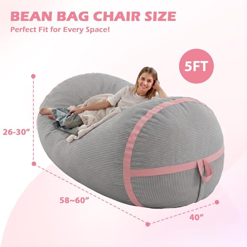 Image of 5FT Bean Bag Chair 5'Giant Bean Bag Chairs with Adults, Large Beanbag Chair | Bean bag Lounger with Machine Washable Cover Corduroy Fabric, Comfy Chairs for Living Room Bedroom Dorm, Lightgrey with Pink