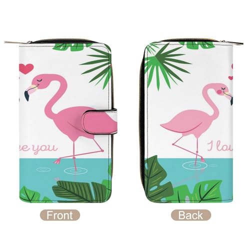 Nugier Women Soft PU Leather Wallet, Zipper Card Case Clutch Credit Bills Money Crash Coin 7.8x4.3x1.4 in Holder Purse Print Two Pink Flamingo Love Palm Trees4
